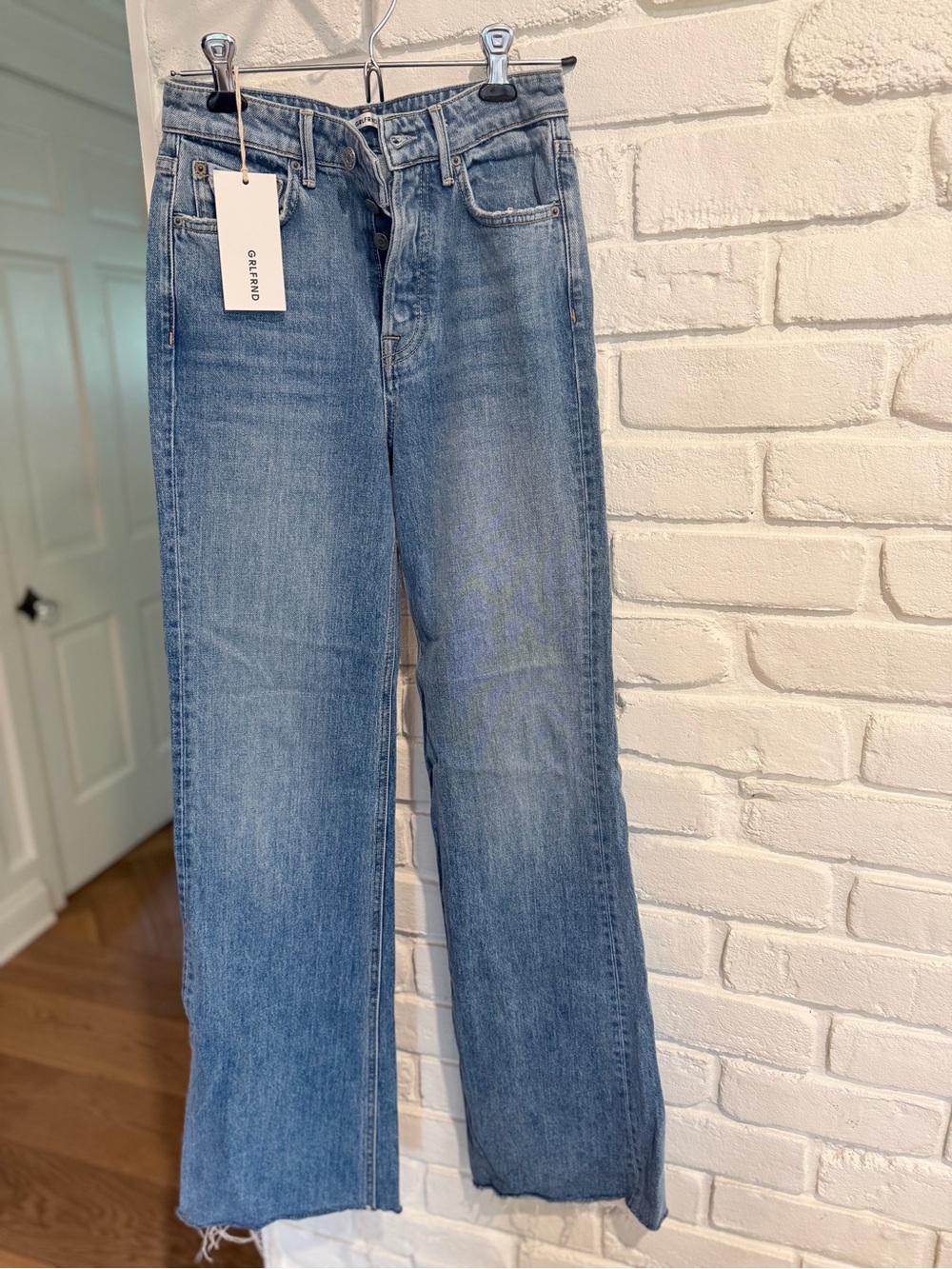 GRLFRND Wide Leg Jeans in Light Blue Wash